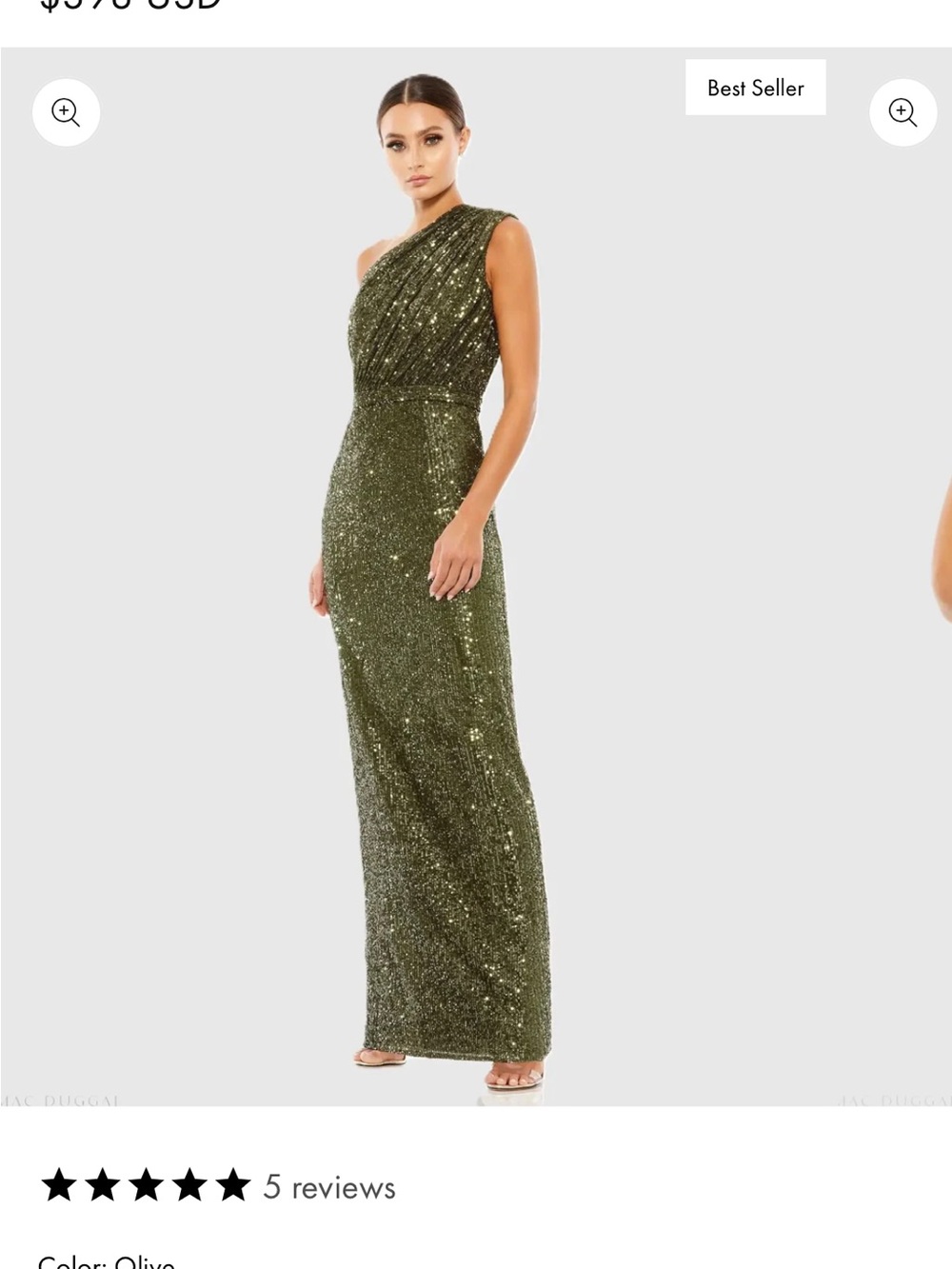 Mac Duggal Olive Sequin One-Shoulder Column Gown
